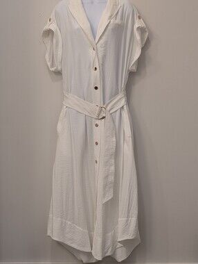 Ramy Brook White Celia Belted Midi Dress Womens Size XL Gold Button Shirt Dress